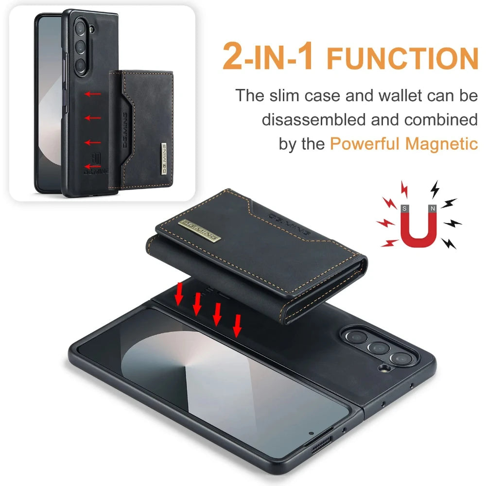 Z Fold 7 Phone Case for Samsung Galaxy Z Fold 6 5 4 3 Magnetic Detachable Metal Button Card Slot Bracket Wallet Pu Leather Cover