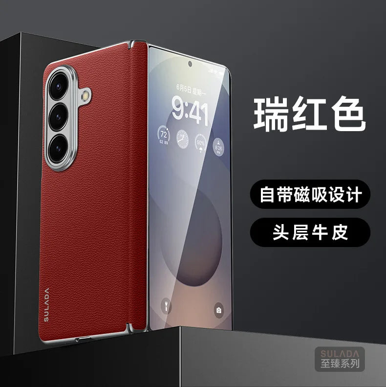 First Layer Cowhide Leather Phone Case for Samsung Galaxy Z Fold 7 Fold7 Metal Lens Protection Magnetic Attraction Hard Cover