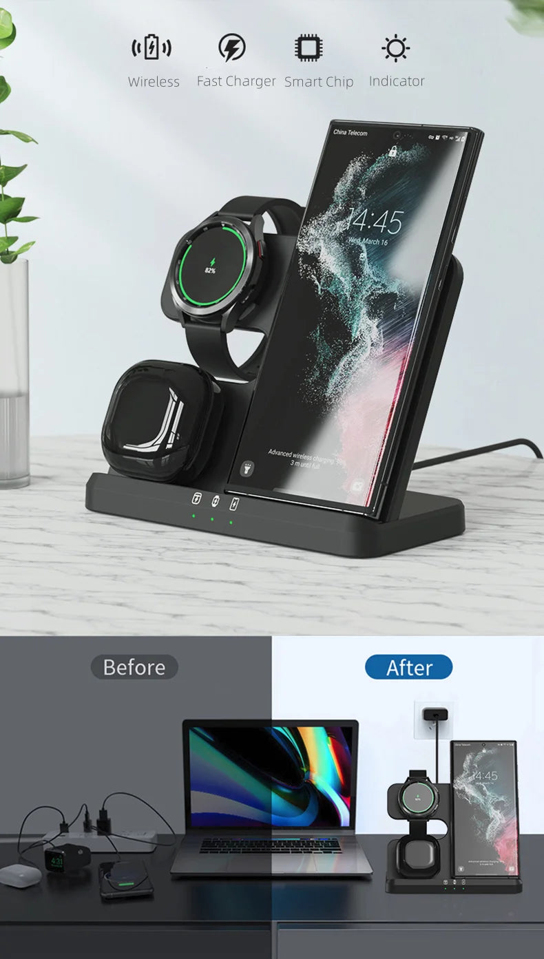 Galaxy Watch and Buds/Phones 3 in 1 Charger Wireless Charging Station for Samsung Watch 7 6 5 Pro/4 Active S25 Ultra S24 Flip 6