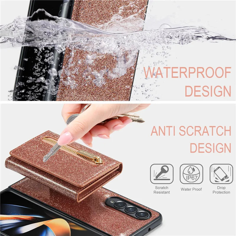 Glitter Magnetic Leather Zip Wallet Phone Case For Samsung Galaxy Z Fold 5 4 3