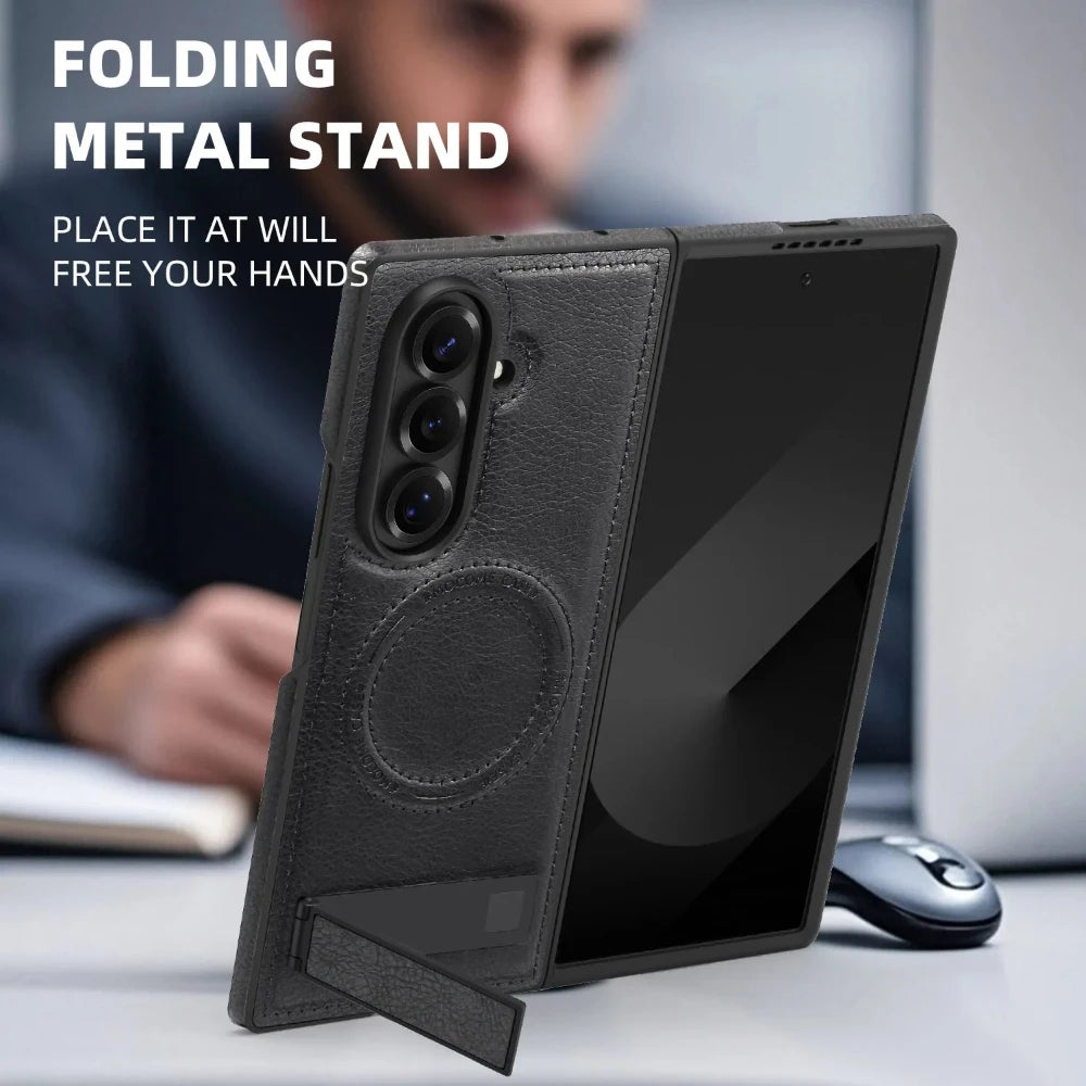 Magnetic Charging Phone Case for Samsung Galaxy Z Fold 7 Fold6 5 4 3 Invisible Bracket Anti Drop Auto Leather Protective Cover