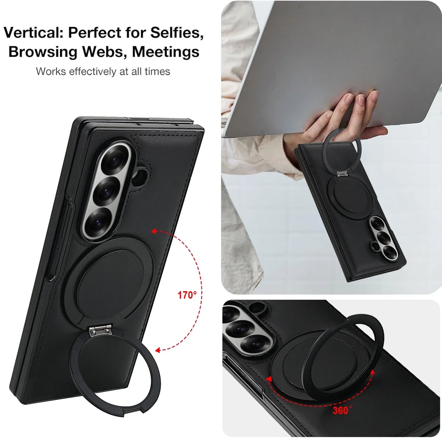 Rotating Bracket Pu Leather Phone Case for Samsung Galaxy Z Fold7 Z Fold 6 5 4 3 Magnetic Charging Camera Screen Protective Cover