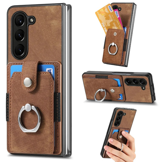 Z Fold 7 Retro Pu Leather Phone Case for Samsung Galaxy Z Fold 6 5 4 3 Magnetic Hardware Ring&buckle Card Slot Bag Bracket Cover