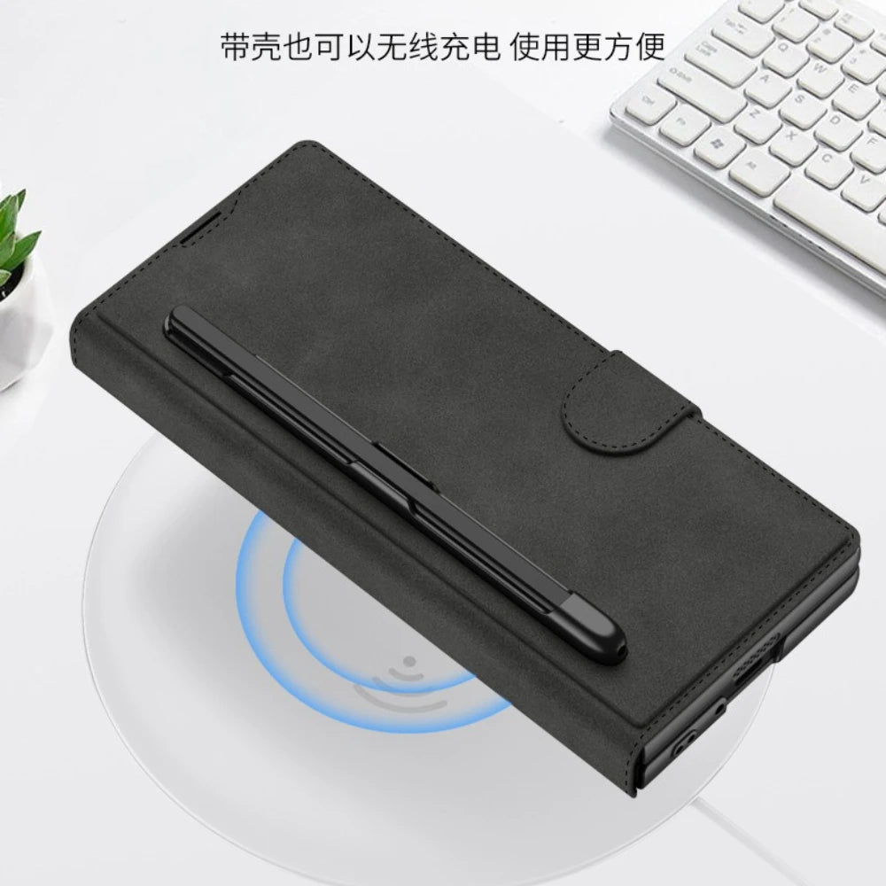 Fold 7 Card Holder Screen Film&Phone Case for Samsung Galaxy Z Fold 7 6 Pen Slot Magnetic Buckle Wallet Pu Leather+Pc Hard Cover