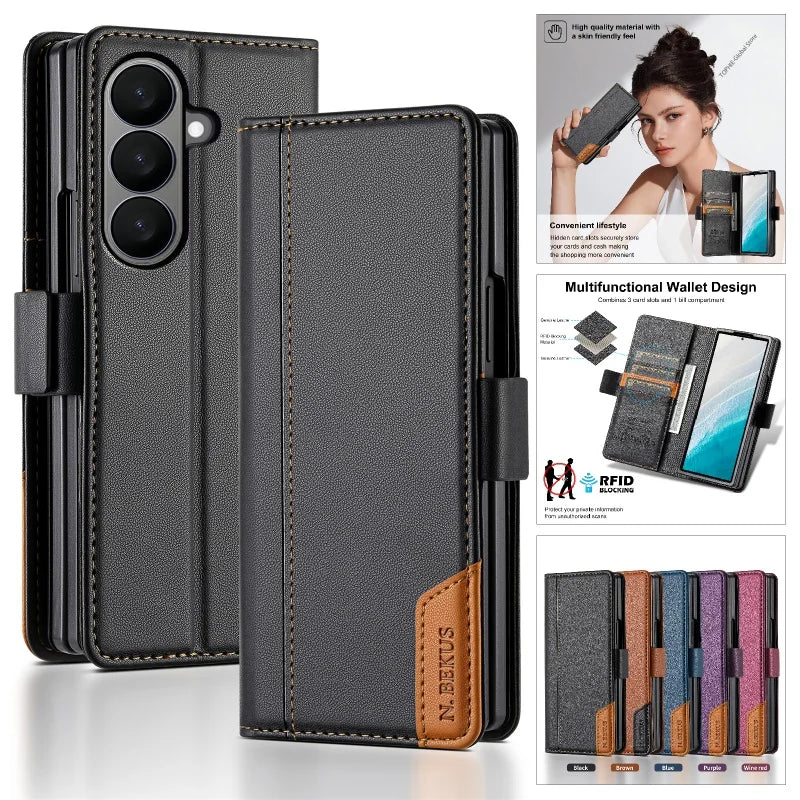 Luxury Magnetic Anti-theft Brush Leather Wallet Card Slot Phone Case for Samsung Galaxy Z Fold 7 6 5 4 3 Purse Holder Cover Etui