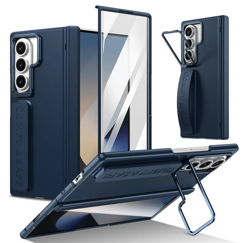 For Samsung Galaxy Z Fold 7 6 5 4 3 Wristband Magnetic Hinge Phone Case 360 Full Protection Screen Flass Alloy Lens Holder Cover