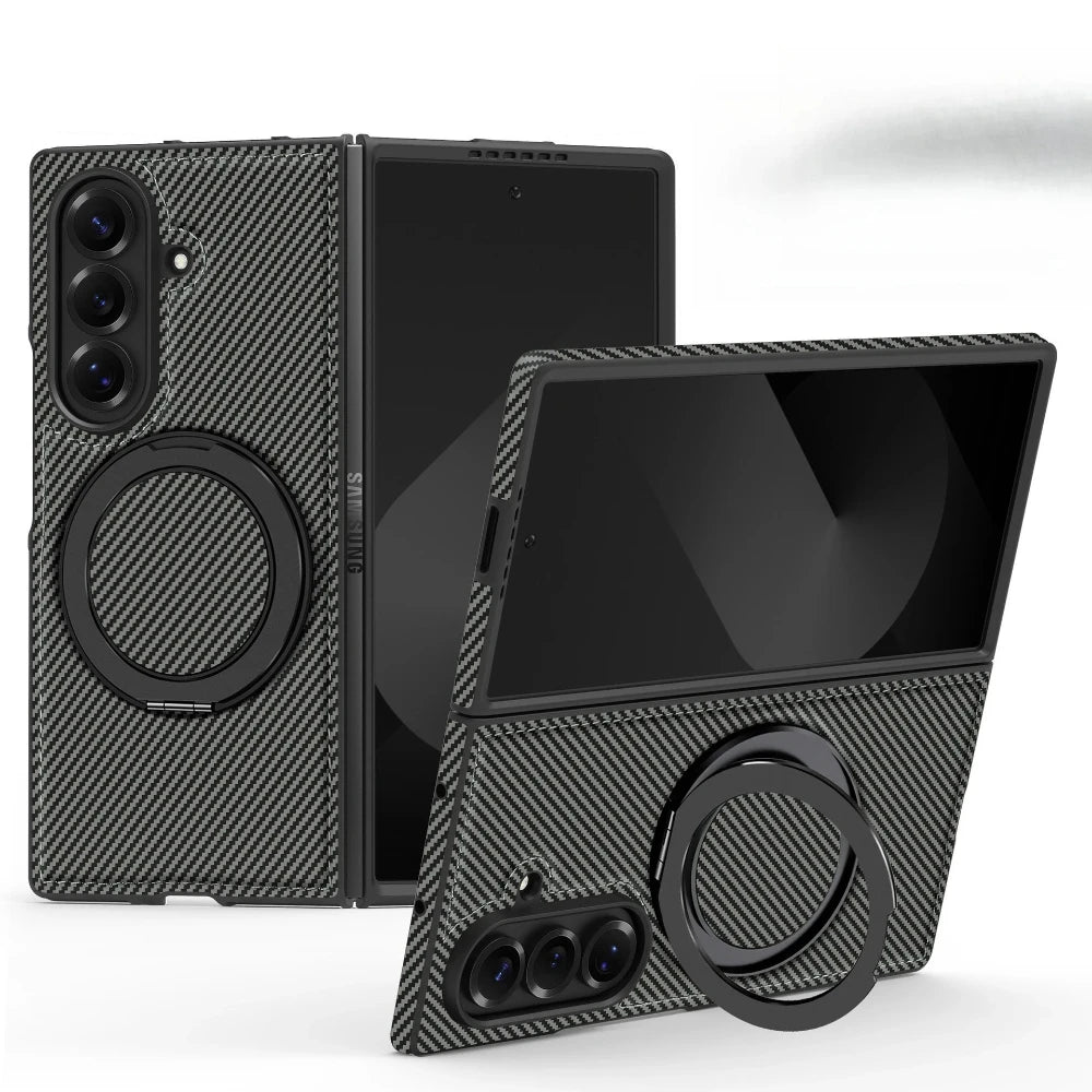 Auto Leather Phone Case for Samsung Galaxy Z Fold 7 Fold6 5 4 3 Magnetic Rotating Alloy Bracket Ring Carbon Fiber Pattern Cover