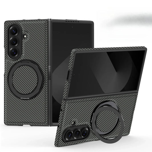Auto Leather Phone Case for Samsung Galaxy Z Fold 7 Fold6 5 4 3 Magnetic Rotating Alloy Bracket Ring Carbon Fiber Pattern Cover