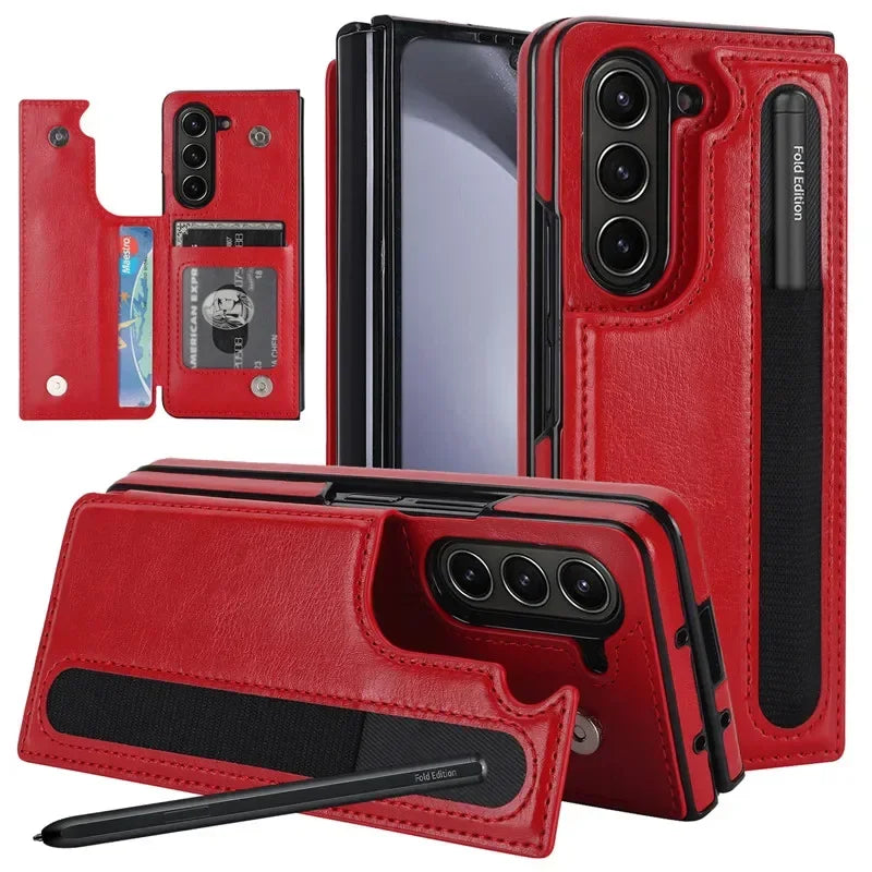 Pen Slot Leather Wallet Card Phone Case for Samsung Galaxy Z Fold 7 6 5 4 3 Fold6 Fold5 Fold4 Fold3 Retor Flip Stand Cover Etui