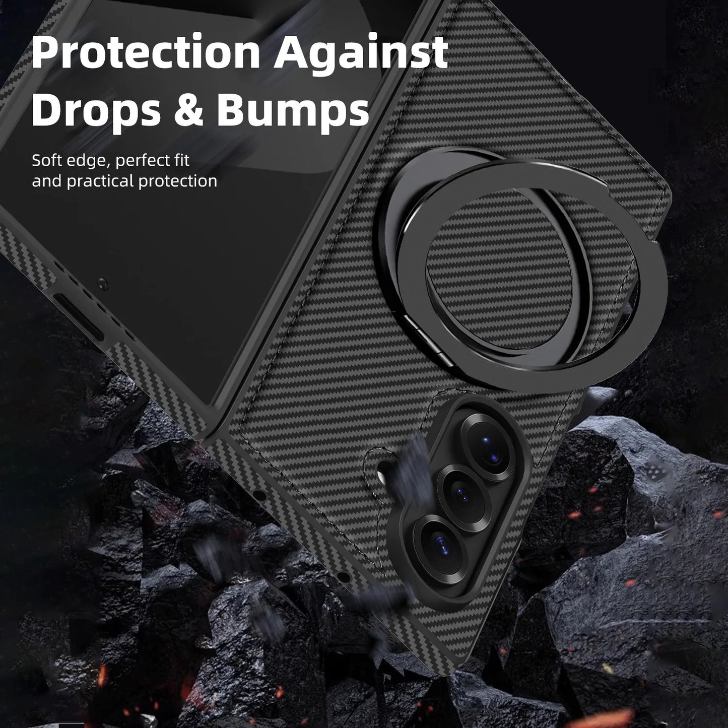 Auto Leather Phone Case for Samsung Galaxy Z Fold 7 Fold6 5 4 3 Magnetic Rotating Alloy Bracket Ring Carbon Fiber Pattern Cover