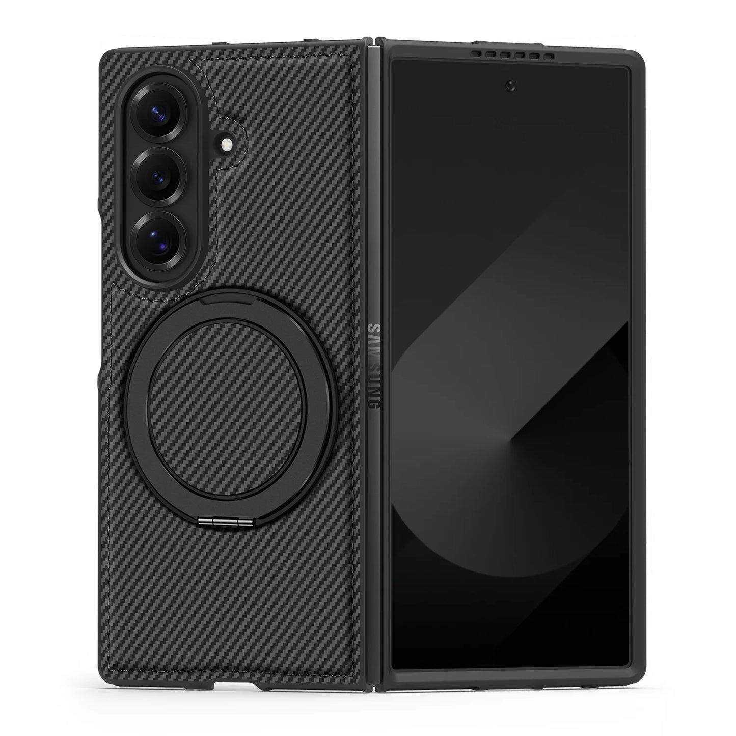 Auto Leather Phone Case for Samsung Galaxy Z Fold 7 Fold6 5 4 3 Magnetic Rotating Alloy Bracket Ring Carbon Fiber Pattern Cover