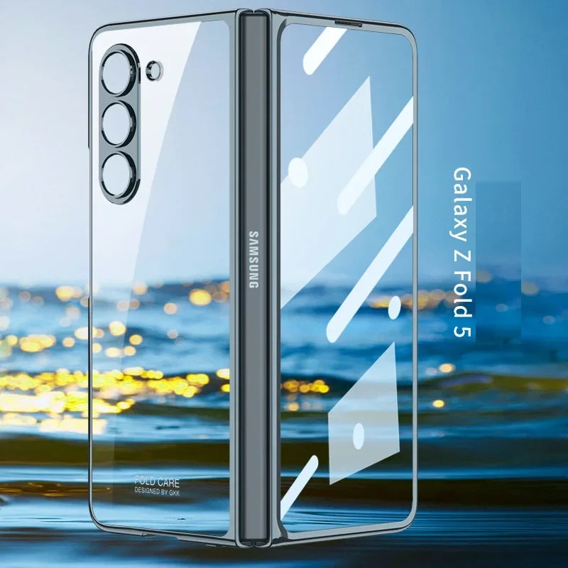 Luxury Plating HD Transparent Case for Samsung Galaxy Z Fold 6 5 5G Case with Ring Metal Ring Clear Shockproof Shell Case