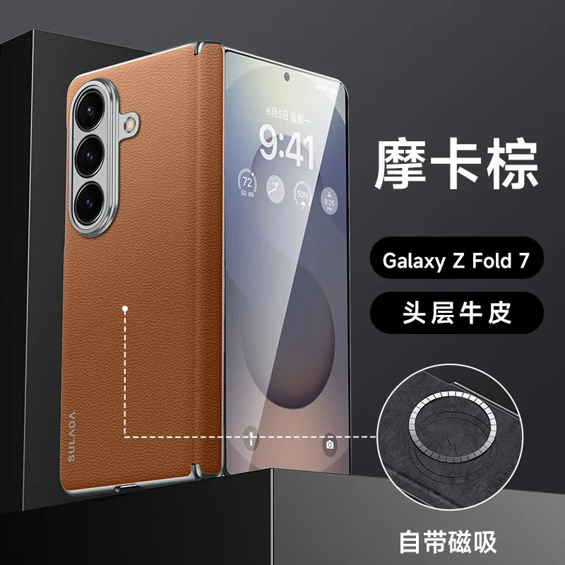 First Layer Cowhide Leather Phone Case for Samsung Galaxy Z Fold 7 Fold7 Metal Lens Protection Magnetic Attraction Hard Cover