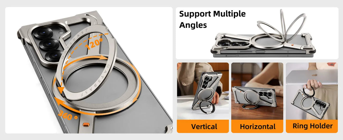 Oatsbasf Magnetic Phone Case for Samsung Galaxy Z Fold 6 5 Metal Slim Phone Protective Cover Shell with 360° Rotatable Stand