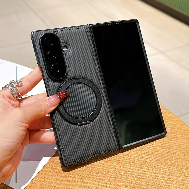 Auto Leather Phone Case for Samsung Galaxy Z Fold 7 Fold6 5 4 3 Magnetic Rotating Alloy Bracket Ring Carbon Fiber Pattern Cover