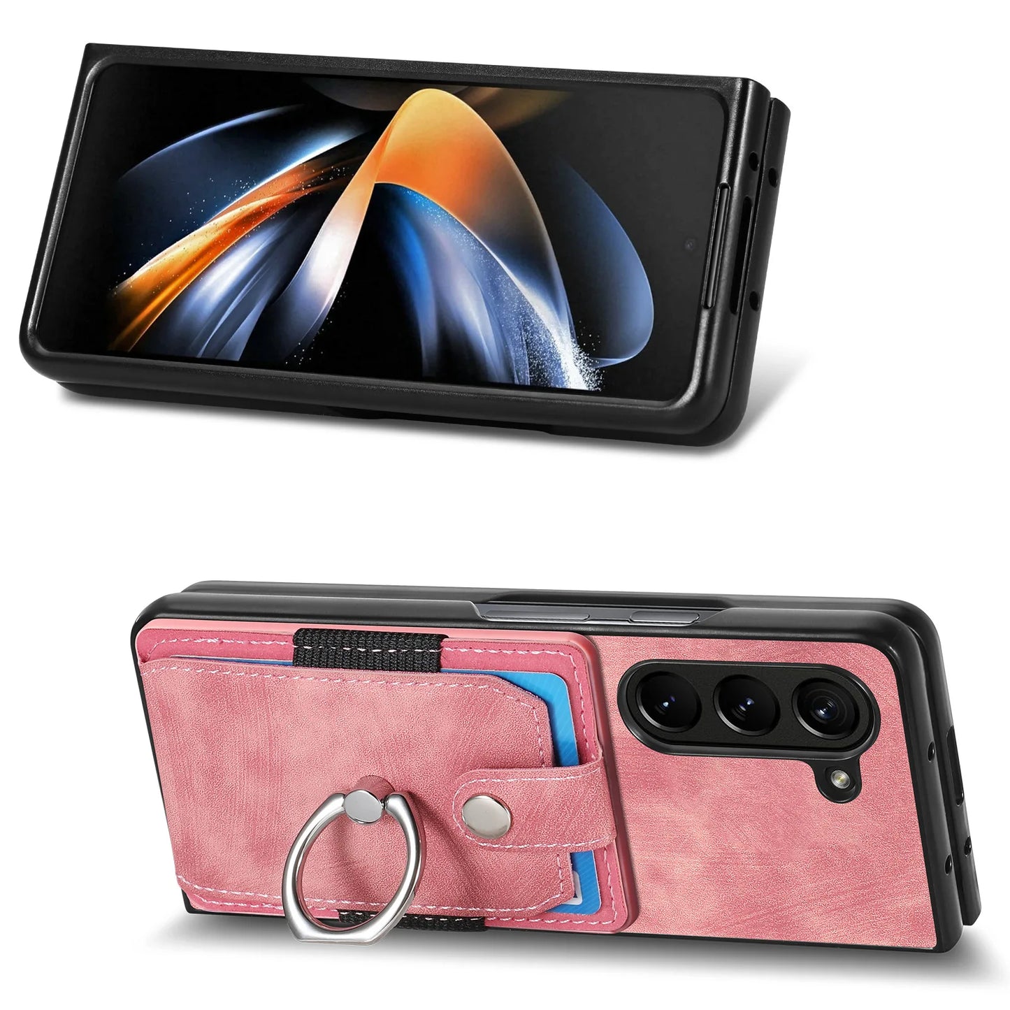 Z Fold 7 Retro Pu Leather Phone Case for Samsung Galaxy Z Fold 6 5 4 3 Magnetic Hardware Ring&buckle Card Slot Bag Bracket Cover