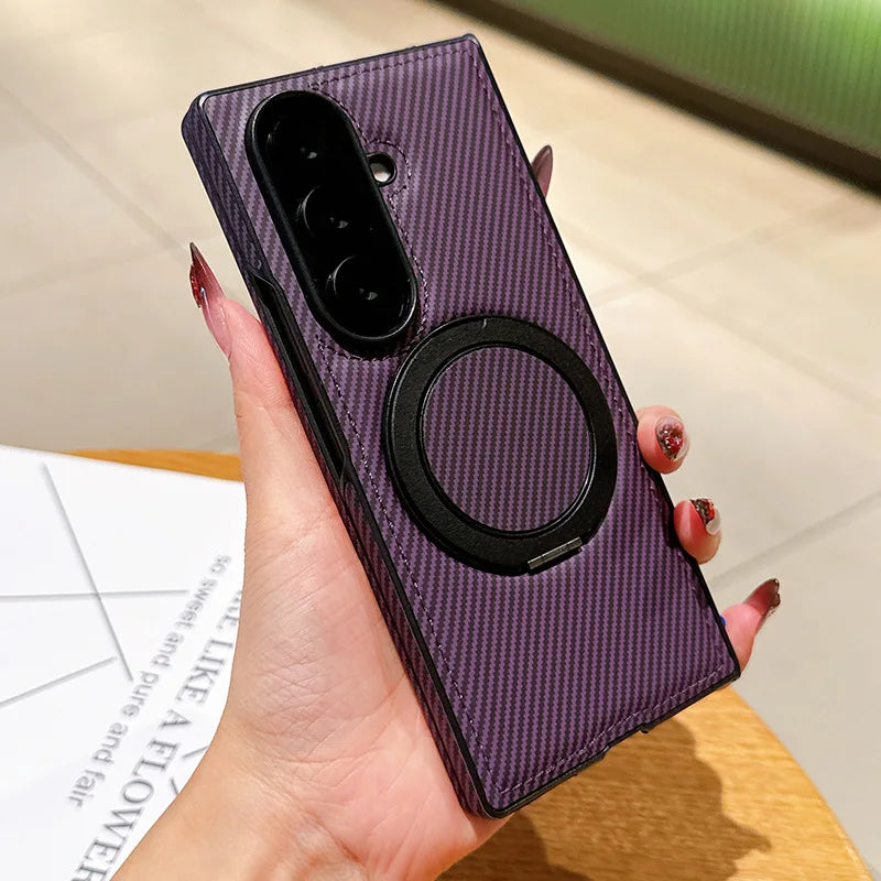 Auto Leather Phone Case for Samsung Galaxy Z Fold 7 Fold6 5 4 3 Magnetic Rotating Alloy Bracket Ring Carbon Fiber Pattern Cover