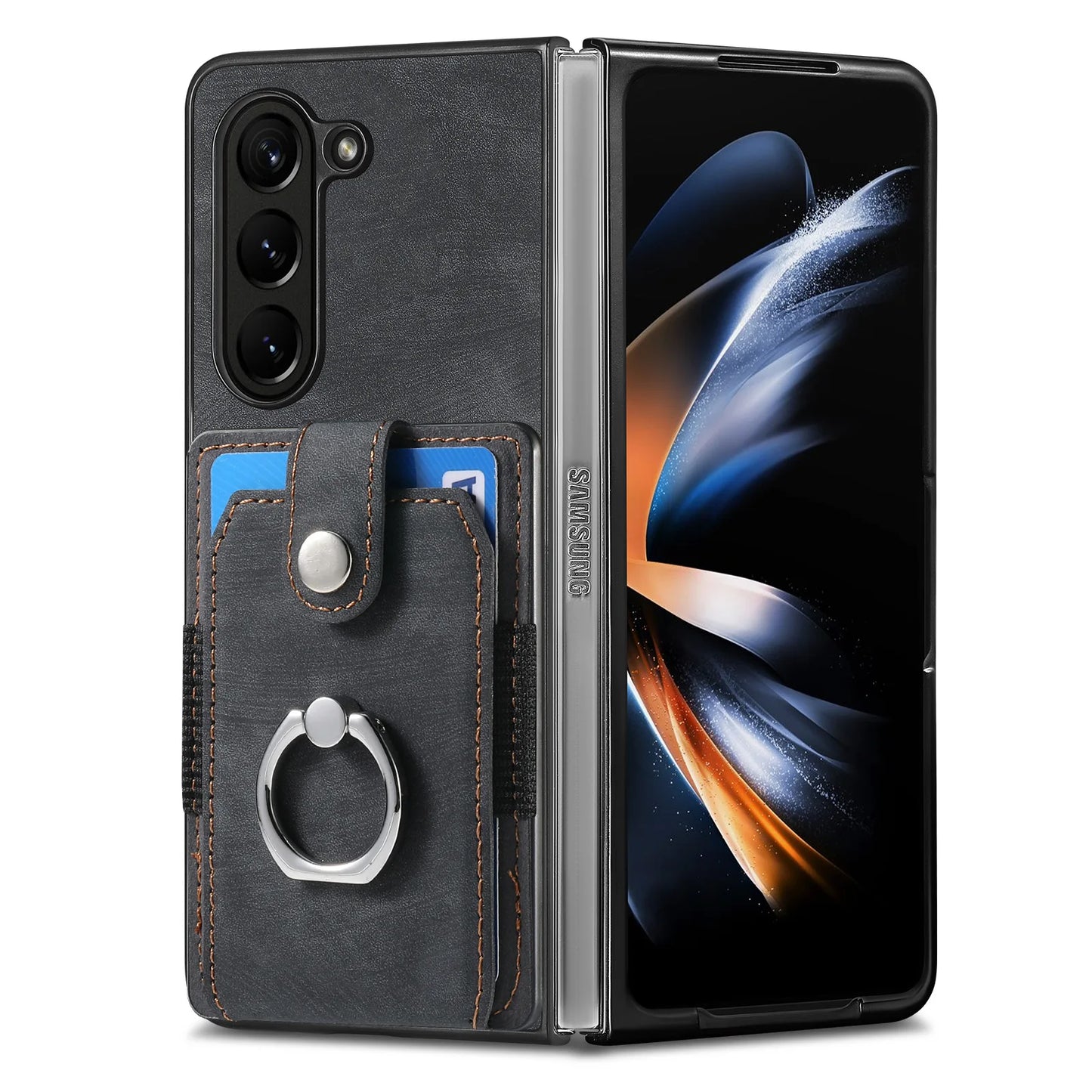 Z Fold 7 Retro Pu Leather Phone Case for Samsung Galaxy Z Fold 6 5 4 3 Magnetic Hardware Ring&buckle Card Slot Bag Bracket Cover