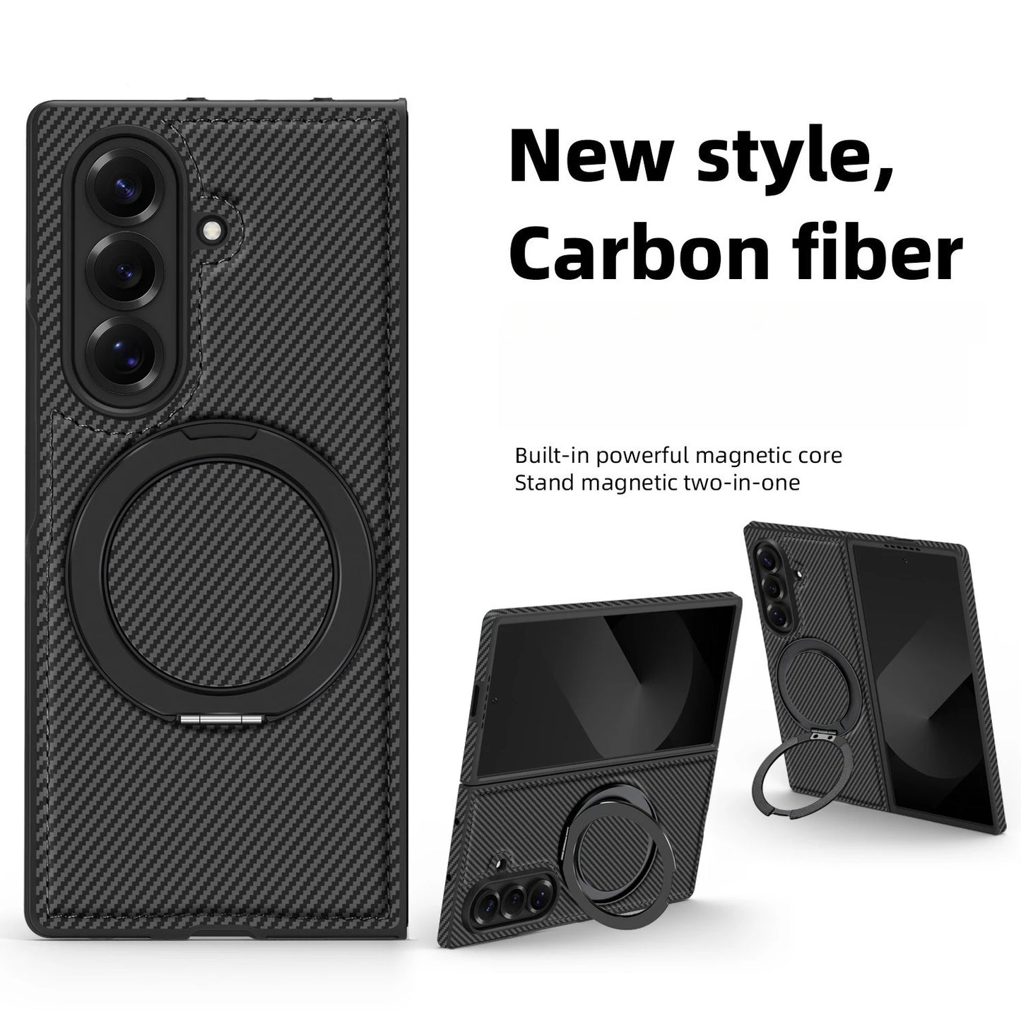 Auto Leather Phone Case for Samsung Galaxy Z Fold 7 Fold6 5 4 3 Magnetic Rotating Alloy Bracket Ring Carbon Fiber Pattern Cover