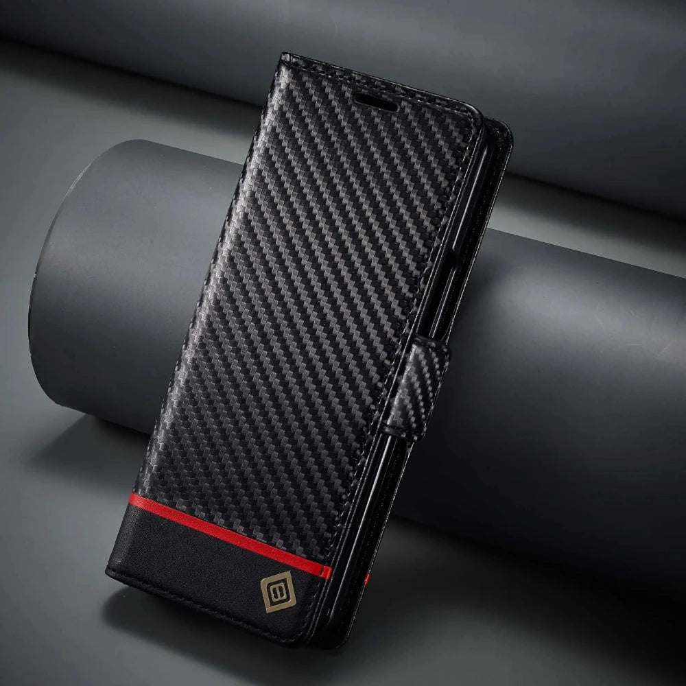 ZFold 7 Carbon Fiber Texture Phone Case for Samsung Galaxy Z Fold 7 6 5 4 3 W23 W22 5G Buckle Pu Leather Card Slot Holder Wallet