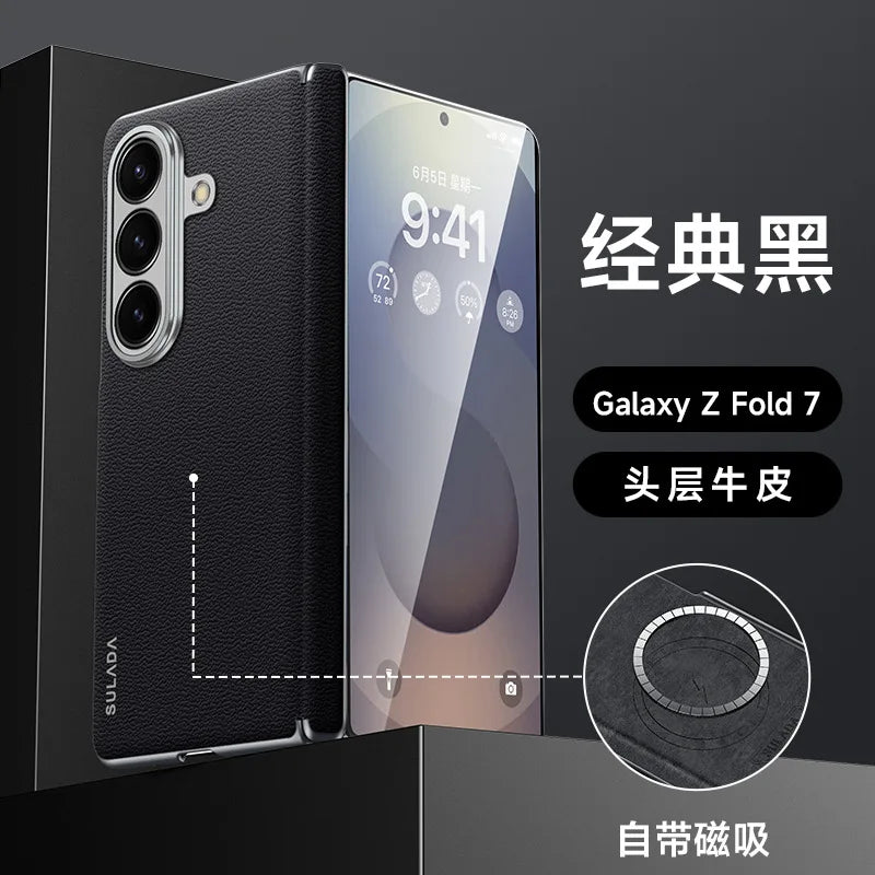 First Layer Cowhide Leather Phone Case for Samsung Galaxy Z Fold 7 Fold7 Metal Lens Protection Magnetic Attraction Hard Cover