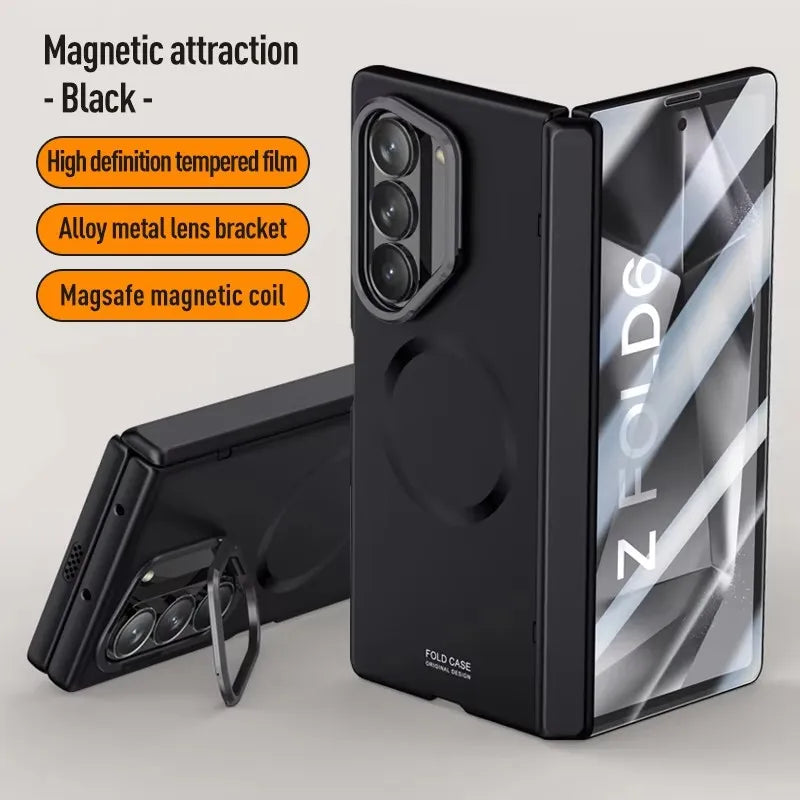 Magnetic Hinged Holder Cover For Samsung Galaxy Z Fold 6 Fold6 zfold6 Case With Tempered Glass Shockproof Cases Kickstand Fundas