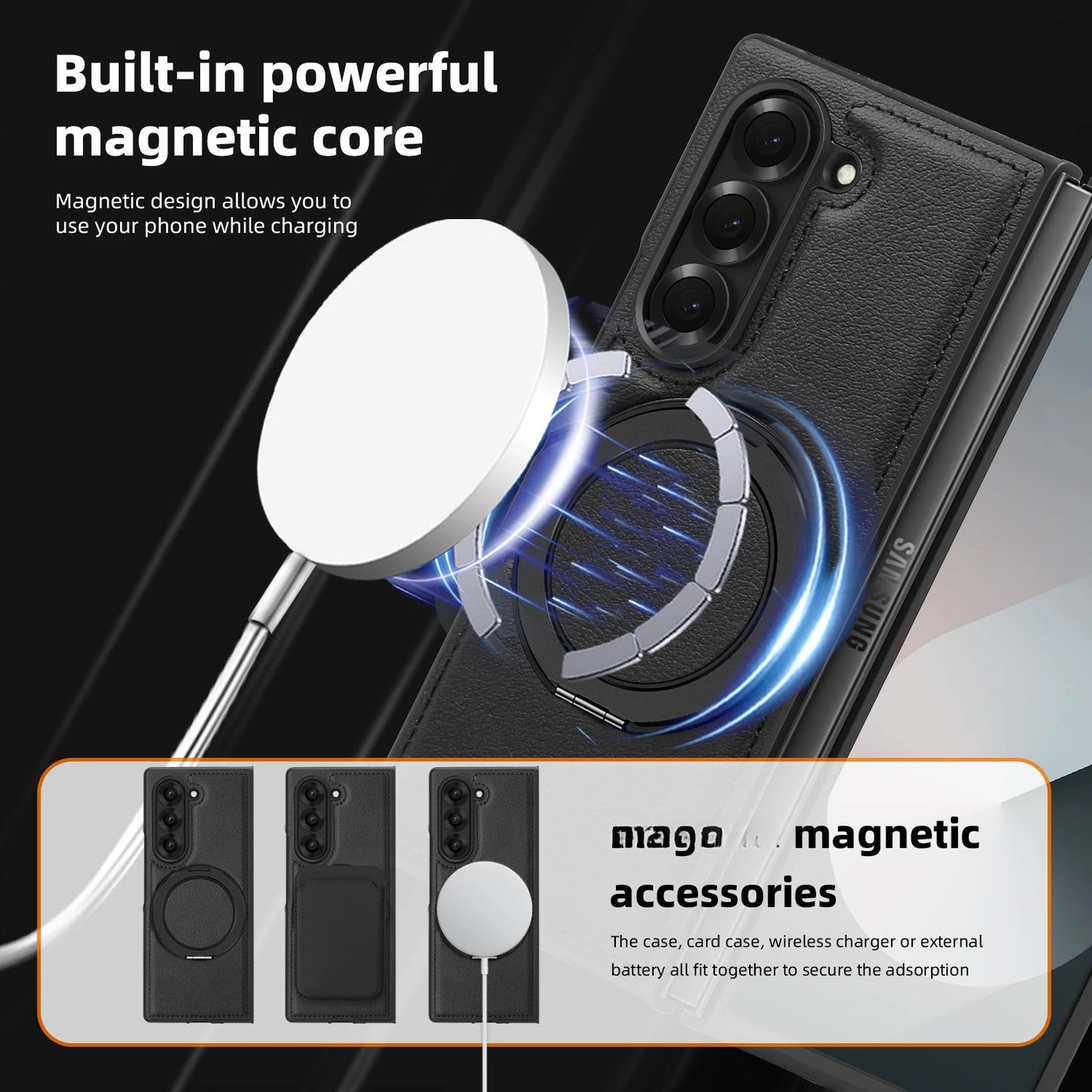 Phone Case for Samsung Galaxy Z Fold 7 Fold6 5 4 3 Strong Magnetic Ring&360 °rotating Bracket Wireless Charging Pu Leather Cover