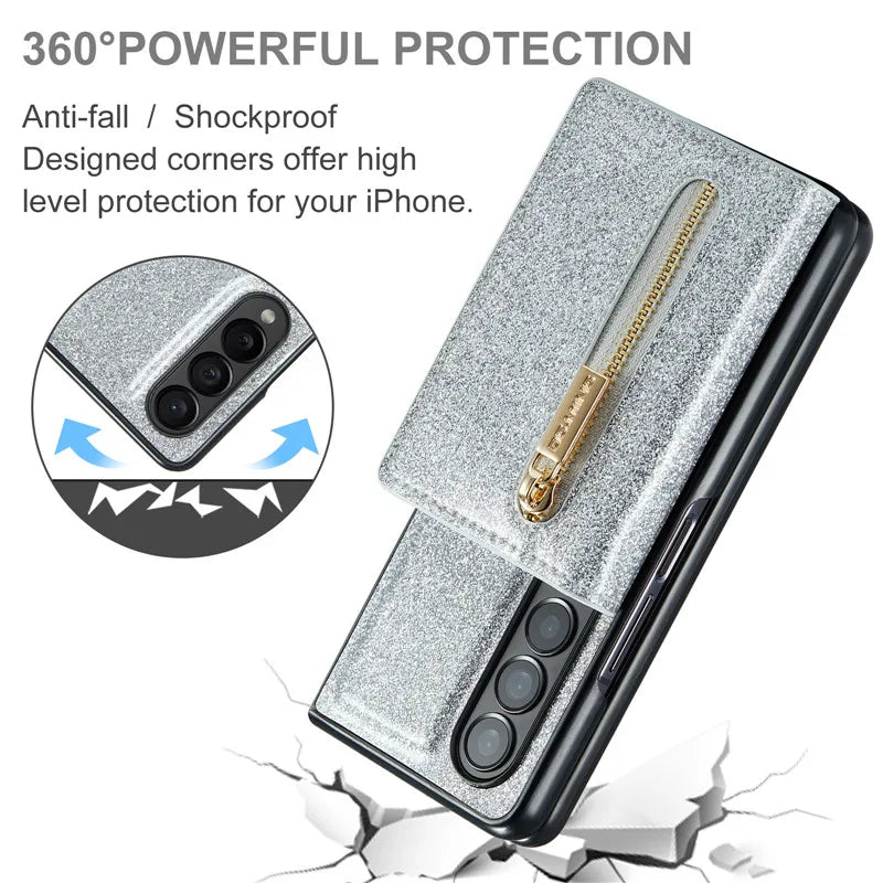 Glitter Magnetic Leather Zip Wallet Phone Case For Samsung Galaxy Z Fold 5 4 3