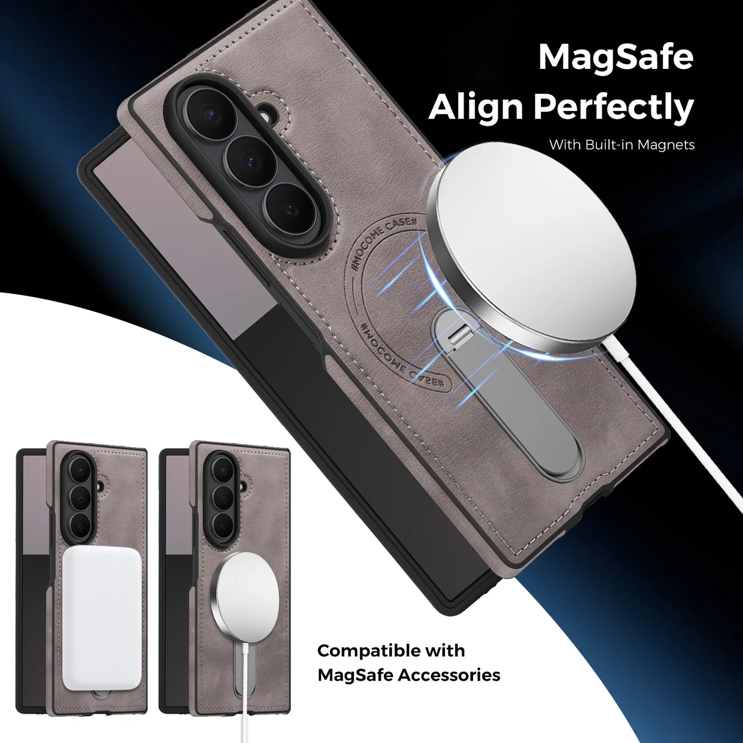 Fold 7 Strong Magnetic Phone Case for Samsung Galaxy Z Fold 7 6 5 4 3 Wireless Charging Metal Rotating Bracket Pu Leather Cover