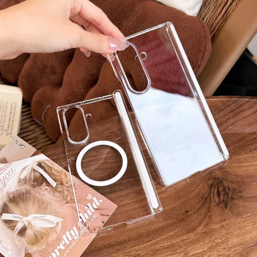 for Magsafe Transparent Hard Acrylic Case for Samsung Galaxy Z Fold 7 6 5 4 zfold Fold7 Magnetic Clear Shockproof Slim Cover