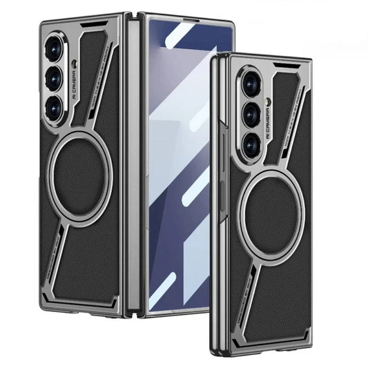 Electroplating Magnetic Wireless Charging Phone Case for Samsung Galaxy Z Fold 7 Zfold 6 Z Shaped Plain Leather Thin Hard Cover