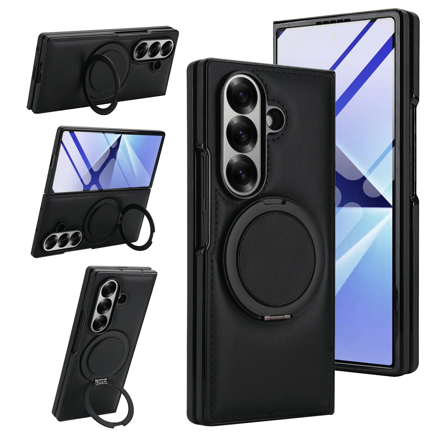 Rotating Bracket Pu Leather Phone Case for Samsung Galaxy Z Fold7 Z Fold 6 5 4 3 Magnetic Charging Camera Screen Protective Cover