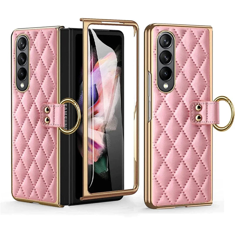 Leather Case with Ring Screen Protector for Samsung Galaxy Z, Fold 5, 6, 7 Z Fold 3, 4, Luxury Phone Case, Plating, Woman, Girl