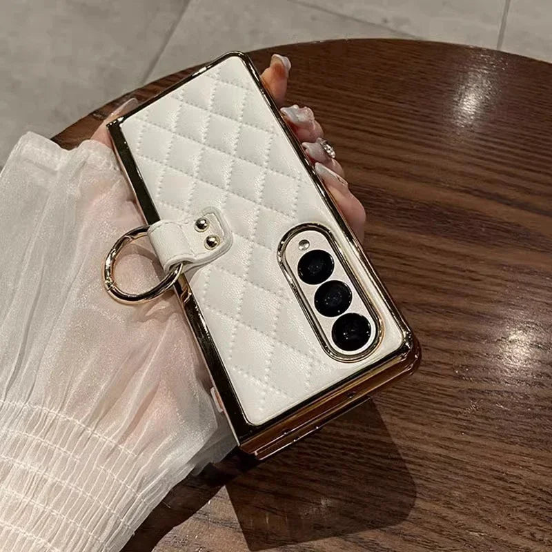 Leather Case with Ring Screen Protector for Samsung Galaxy Z, Fold 5, 6, 7 Z Fold 3, 4, Luxury Phone Case, Plating, Woman, Girl