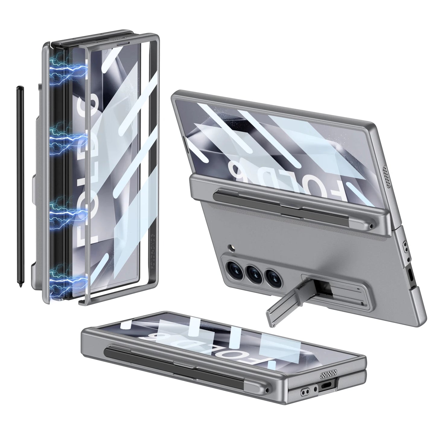 Hinge Protection Magnetic Pen Slot Cover For Samsung Galaxy Z Fold 6 5 4 3 5G Case Luxury Stand Hard PC Cover for Fold5 Fold6