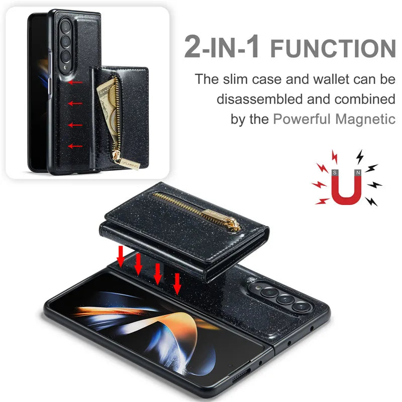 Glitter Magnetic Leather Zip Wallet Phone Case For Samsung Galaxy Z Fold 5 4 3