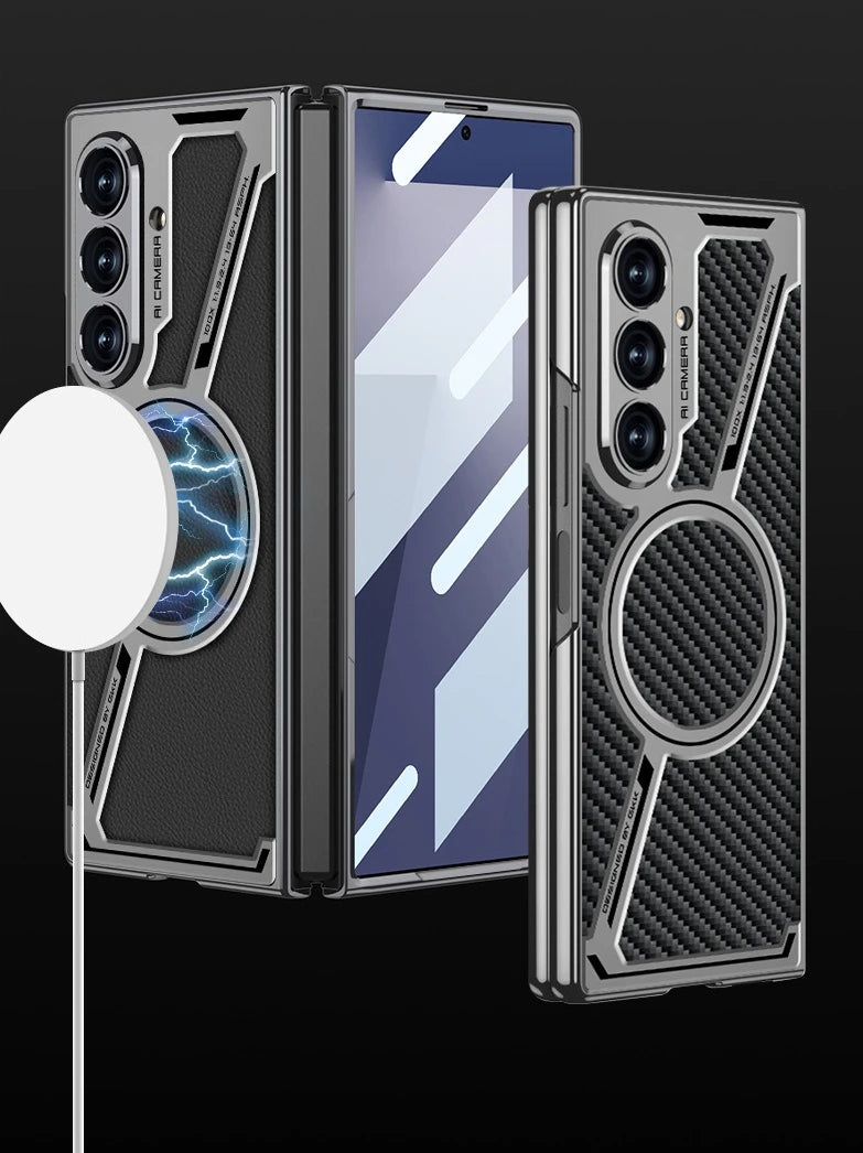 Electroplating Magnetic Wireless Charging Phone Case for Samsung Galaxy Z Fold 7 Zfold 6 Z Shaped Plain Leather Thin Hard Cover