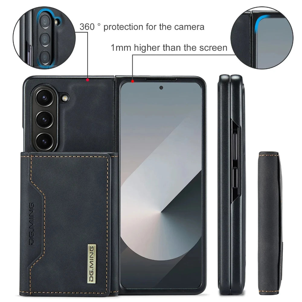 Z Fold 7 Phone Case for Samsung Galaxy Z Fold 6 5 4 3 Magnetic Detachable Metal Button Card Slot Bracket Wallet Pu Leather Cover