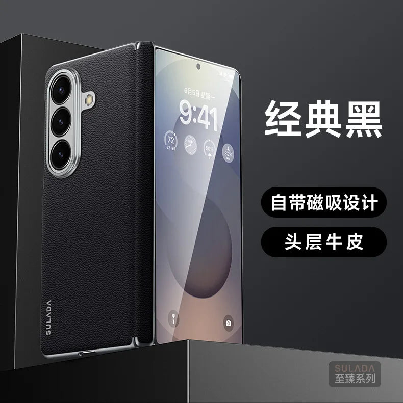 First Layer Cowhide Leather Phone Case for Samsung Galaxy Z Fold 7 Fold7 Metal Lens Protection Magnetic Attraction Hard Cover