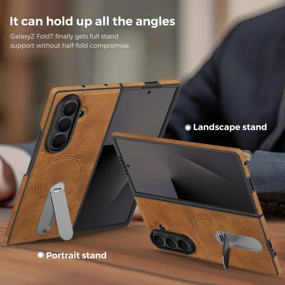 Fold 7 Strong Magnetic Phone Case for Samsung Galaxy Z Fold 7 6 5 4 3 Wireless Charging Metal Rotating Bracket Pu Leather Cover