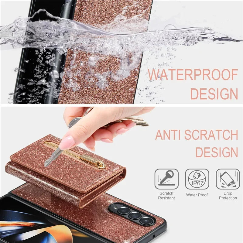 Glitter Magnetic Leather Zip Wallet Phone Case For Samsung Galaxy Z Fold 5 4 3