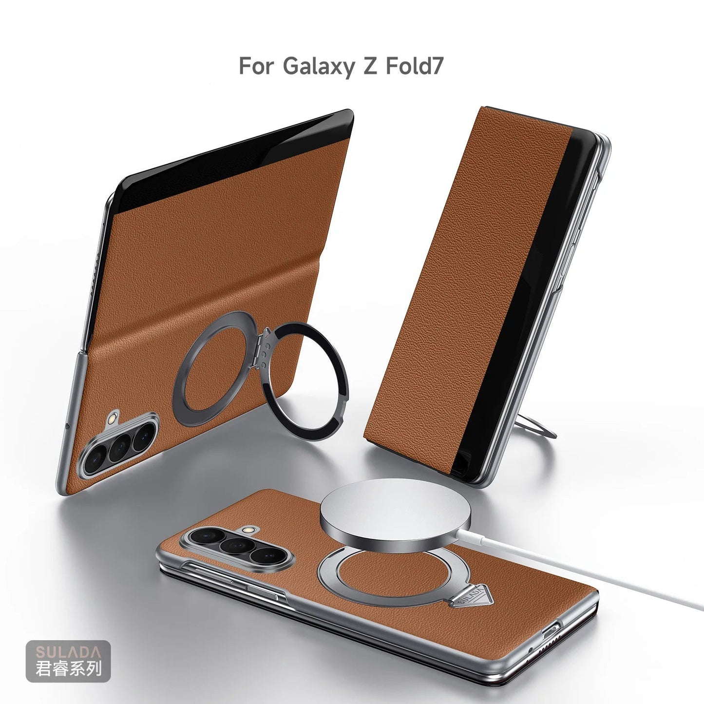 Genuine Cowhide Leather Phone Case for Samsung Galaxy Z Fold 7 Fold7 Wireless Charging Magnetic Attraction Bracket Flip Cover