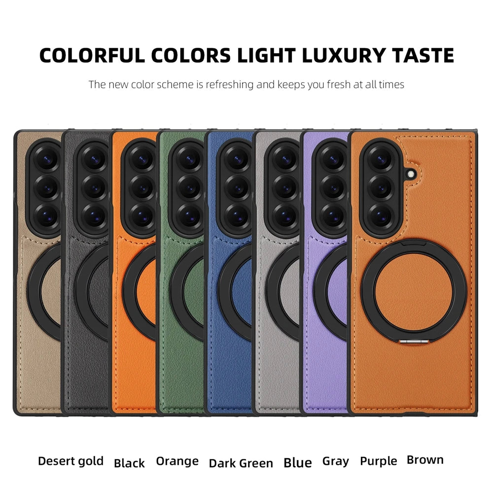 Ring Stand Magsafe Leather Case For Samsung Galaxy Z Fold 7 6 5 4 3 Z Fold7 Phone Case Magnetic Phone Cover Wireless Charging