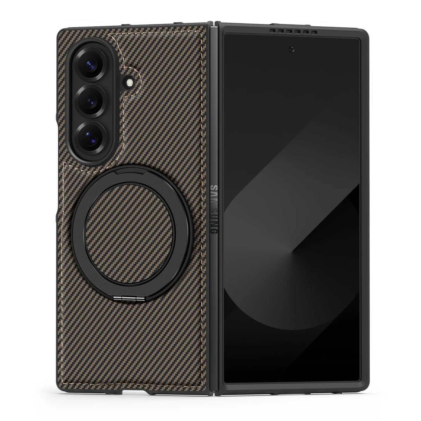 Auto Leather Phone Case for Samsung Galaxy Z Fold 7 Fold6 5 4 3 Magnetic Rotating Alloy Bracket Ring Carbon Fiber Pattern Cover