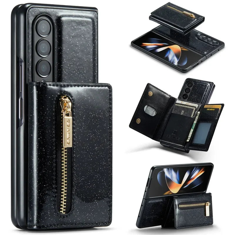Glitter Magnetic Leather Zip Wallet Phone Case For Samsung Galaxy Z Fold 5 4 3