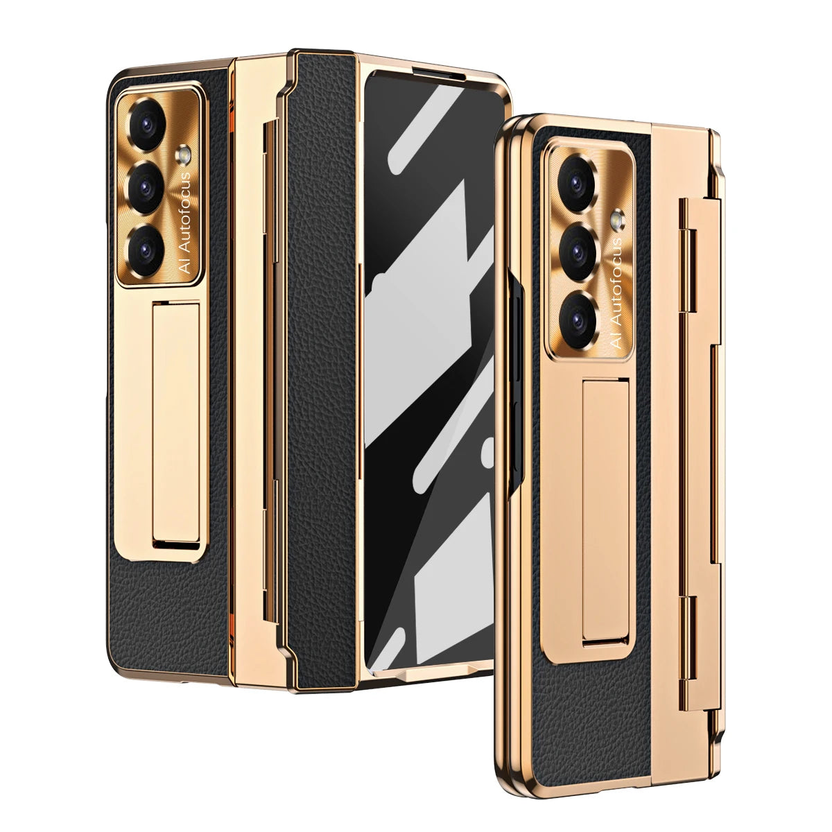 For Samsung Galaxy Z Fold 7 6 5 4 5G With Screen Protect Glass Film Luxury Leather One-Piece Plating Stand Hinge Shockproof Case