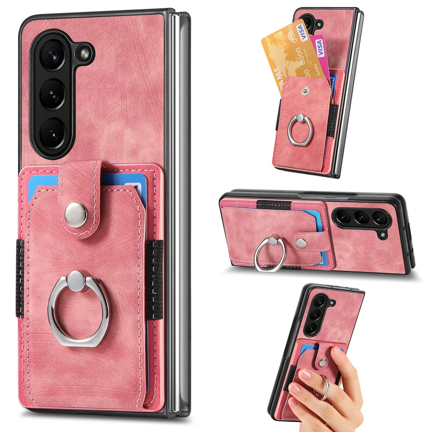 Z Fold 7 Retro Pu Leather Phone Case for Samsung Galaxy Z Fold 6 5 4 3 Magnetic Hardware Ring&buckle Card Slot Bag Bracket Cover