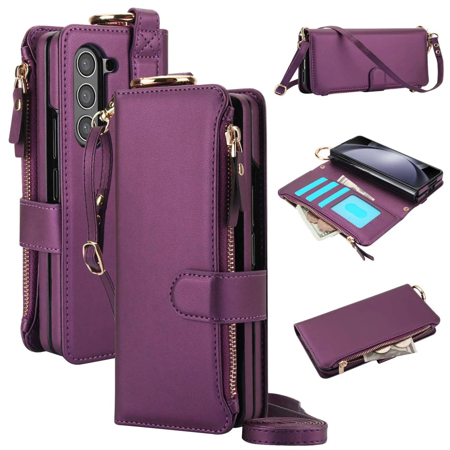 ZFold 7 Pu Leather Crossbody Phone Case for Samsung Galaxy Z Fold 7 6 5 4 3 Ring&Wrist Strap&Long Rope&Zipper Card Wallet Cover