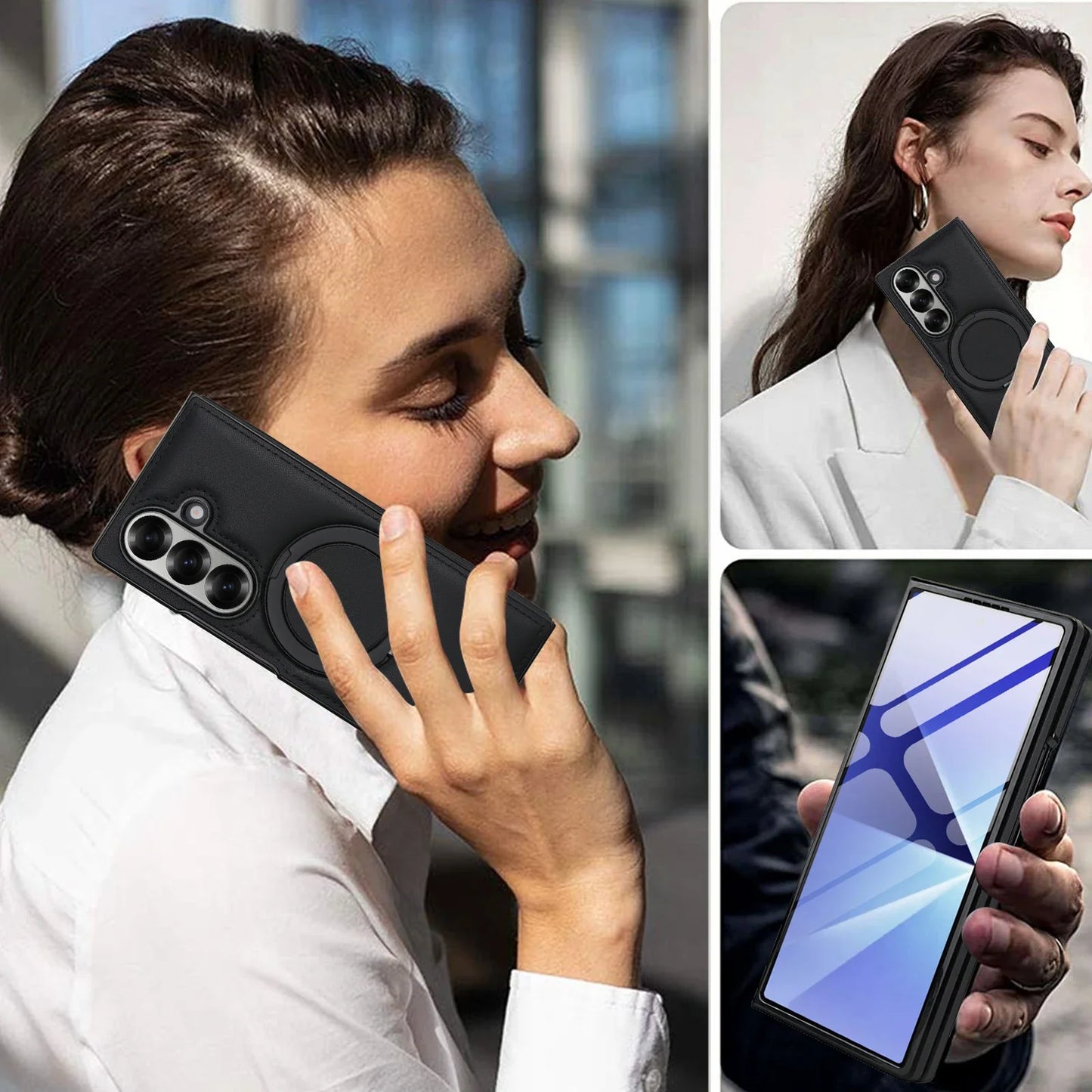 Rotating Bracket Pu Leather Phone Case for Samsung Galaxy Z Fold7 Z Fold 6 5 4 3 Magnetic Charging Camera Screen Protective Cover