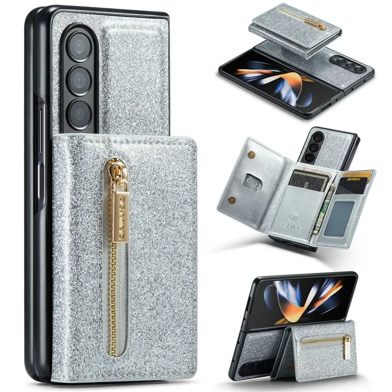 Glitter Magnetic Leather Zip Wallet Phone Case For Samsung Galaxy Z Fold 5 4 3